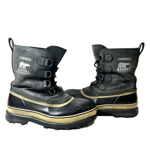 Sorel Caribou Snow Boots Mens Sz 10 Waterproof Gray Black Leather/Rubber Lace Up - Picture 1 of 11
